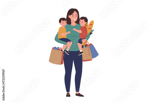A woman is carrying two kids  shopping bags with a loaf of bread