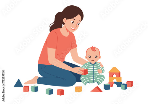 A woman plays with blocks alongside a baby who is sitting in front of a halfbuilt block tower