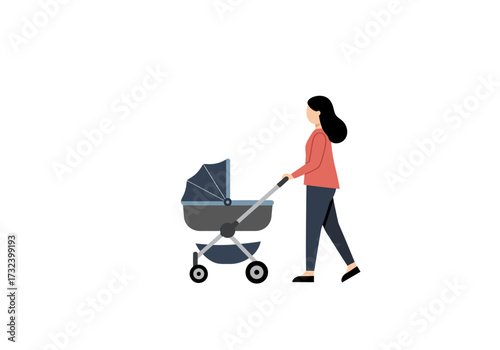 A woman pushes a baby carriage