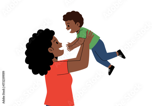 A woman lifts a child in the air smiling at each other set against a white background