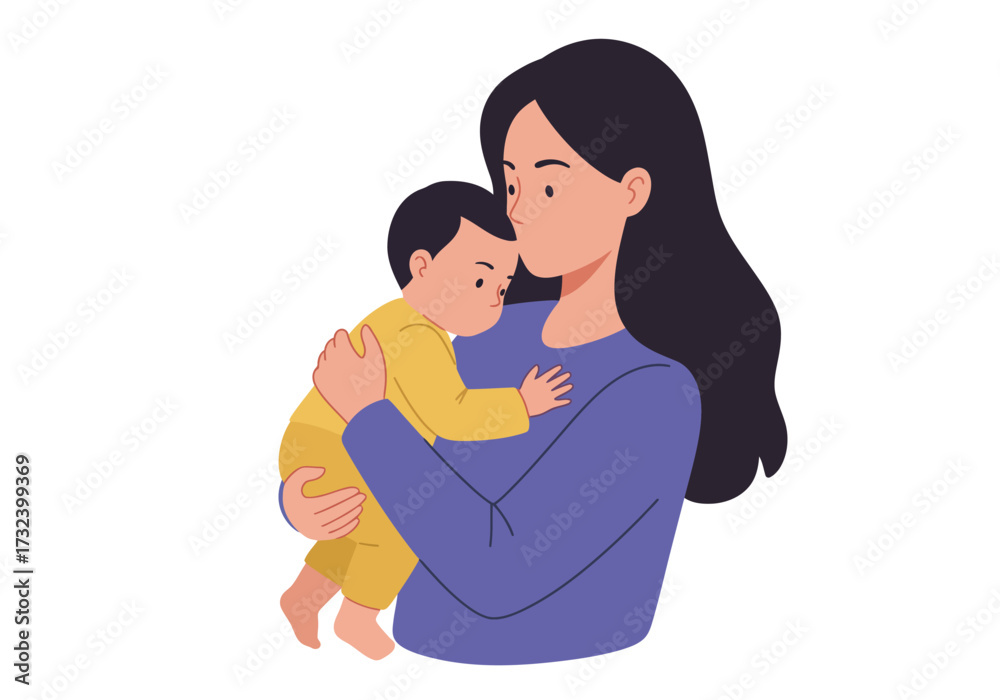 Obraz premium A woman with dark hair holds a baby wearing a yellow outfit