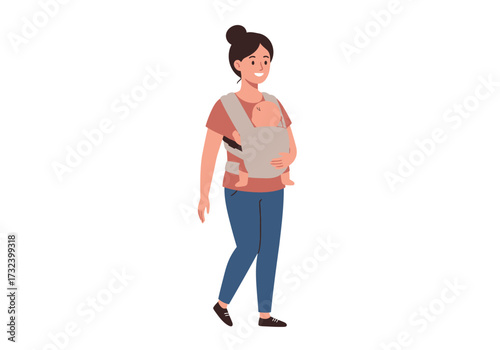 A woman with a bun walks while wearing a baby carrier with a baby inside