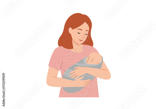 A woman with auburn hair holds a baby swaddled in gray cloth looking down with a gentle expression