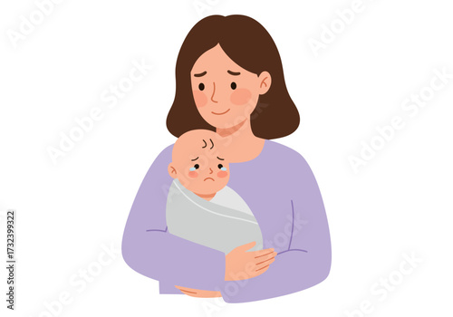 A woman with brown hair holds a crying baby wrapped in a grey blanket smiling