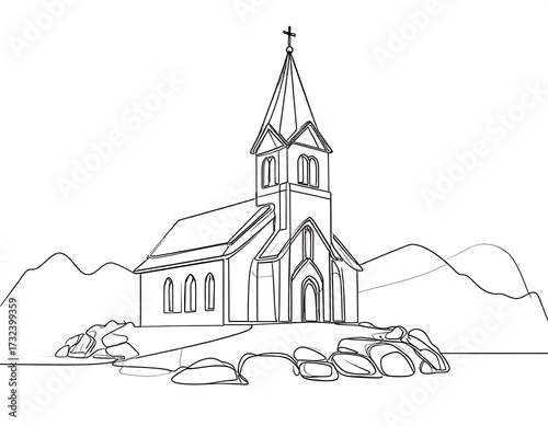 Simple line drawing of a church