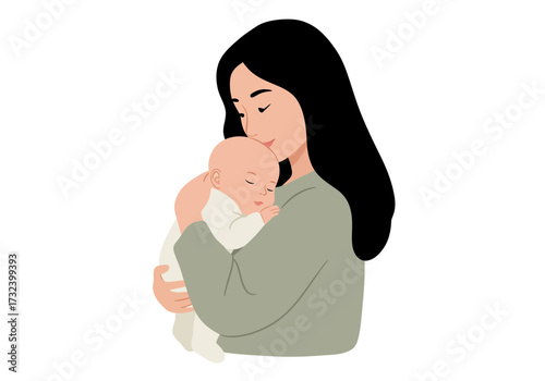 A woman with dark hair gently cradles a sleeping baby in her arms