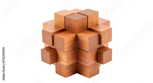 Wooden burr puzzle isolated on transparent background, interlocking brain teaser for problem solving and spatial reasoning skills