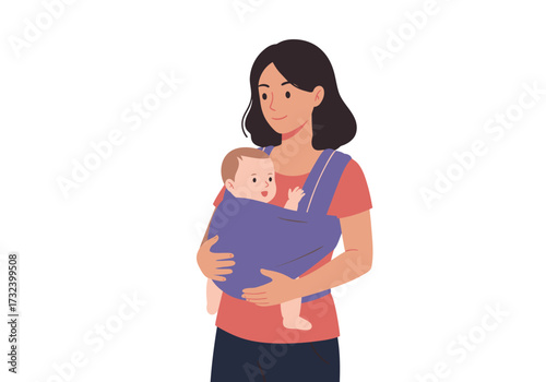 Cartoon Woman in red shirt holds baby in purple carrier against a white background
