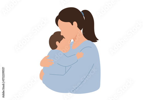 Faceless woman hugging a child with tan skin and brown hair both in pale blue shirts