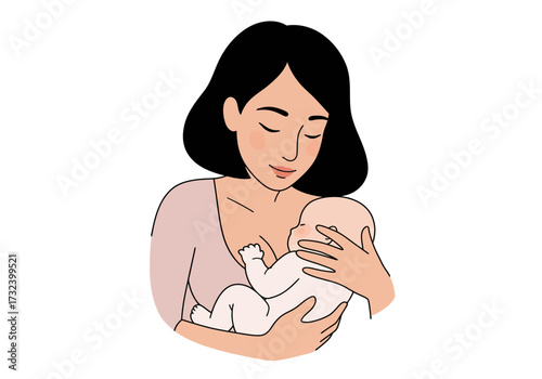 Illustration Mother lovingly holdsbreastfeeds baby with closed eyes black hair pink shirt