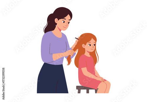 Mom braids daughters hair the child sits on a stool