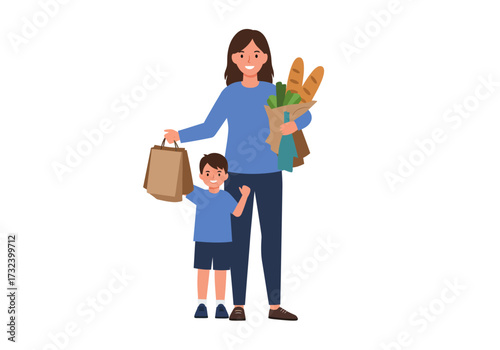 Woman and boy shopping bags  groceries