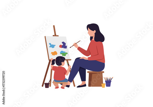 Woman and child are seen painting a canvas on a easel