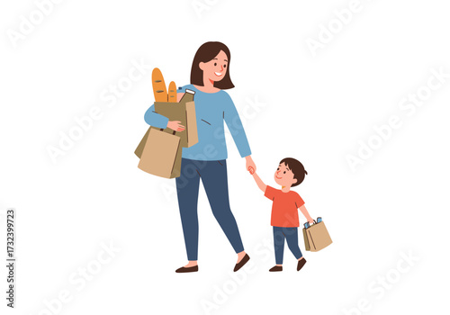 Woman carrying groceries holding hands with a child also carrying a bag