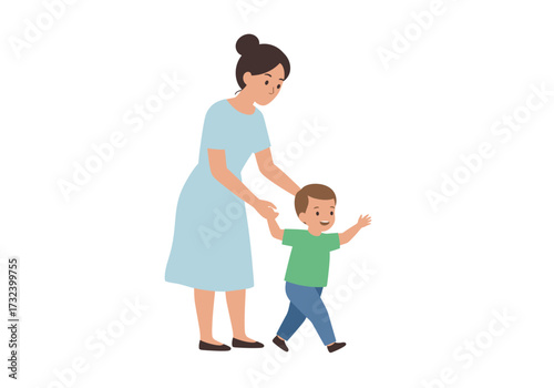 Woman assists a toddler as they walk together holding hands