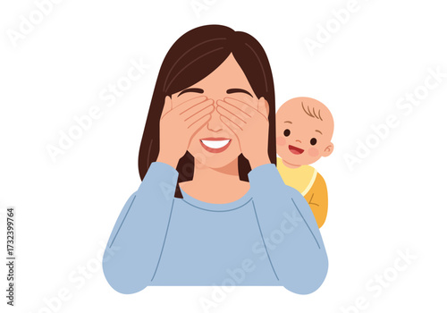 Woman covers eyes baby peeks behind