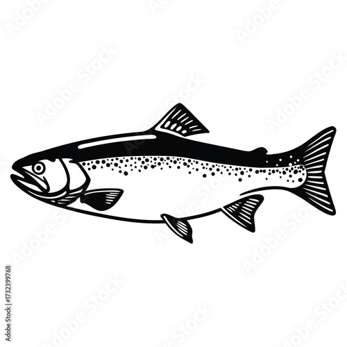 A stylized black and white illustration of a salmon fish with distinct spots and fins presented in a clean vector graphic