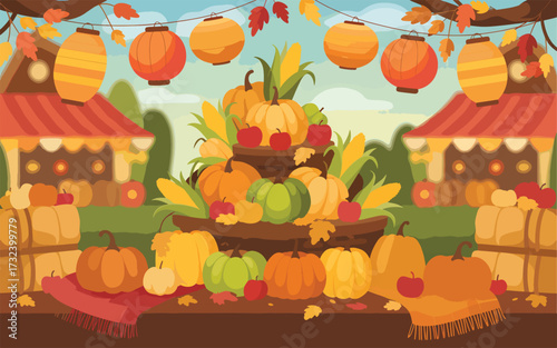 Autumn harvest festival with pumpkins corn and lanterns