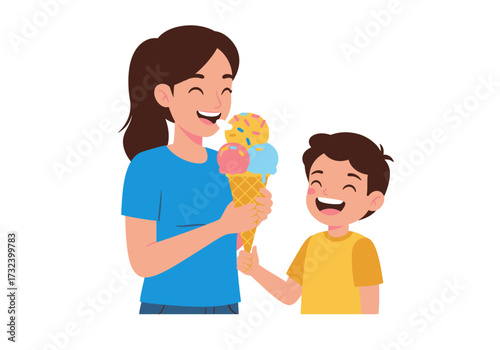 Woman eats a 3scoop ice cream as boy smiles