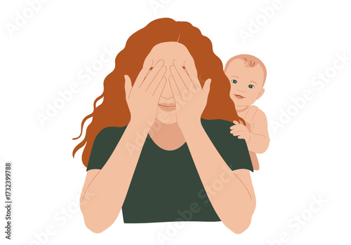 Woman covers eyes while baby looks on both indoors possibly playing peekaboo