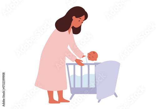 Woman in robe standing near crib with baby both are brown skinned