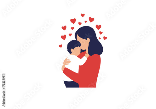 Woman in red holds child surrounded by hearts