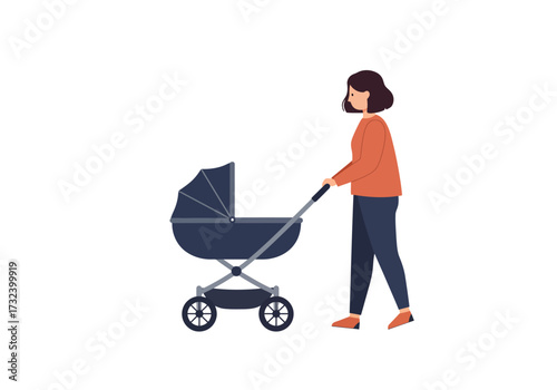 Woman in orange sweater pushes a navyblue stroller