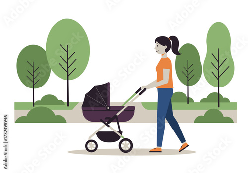 Woman pushes a stroller in a park with trees and green bushes