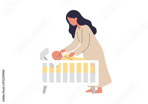 Woman placing baby in crib blanket light beige dress dark hair
