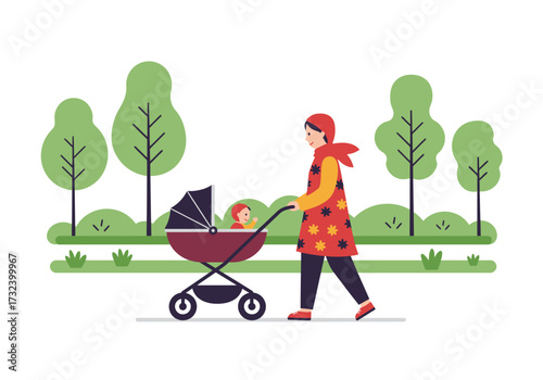 Woman pushes baby stroller along a park path surrounded by stylized trees