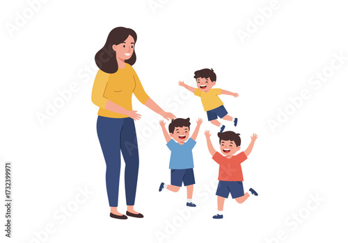 Woman smiles as three excited boys jump and run towards her arms raised in glee