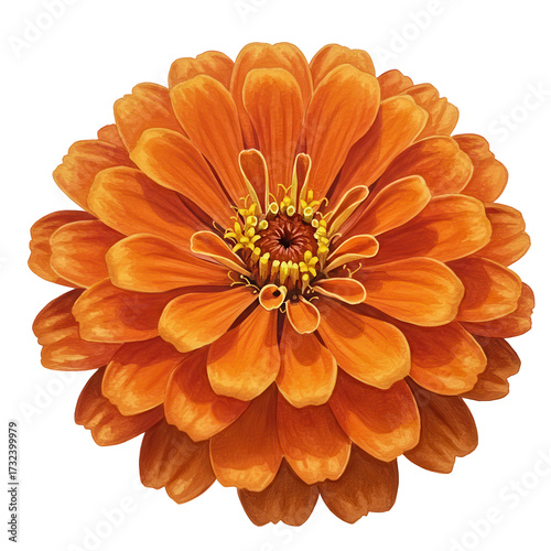 Detailed watercolor painting of a vibrant orange zinnia flower in full bloom isolated on white background