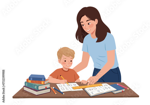 Woman teaching a child at a desk with books pencil and ruler