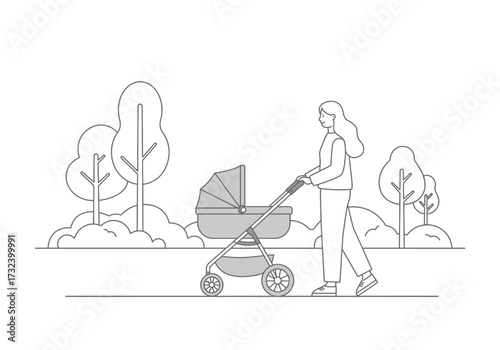 Woman strolls pushing stroller in park with trees