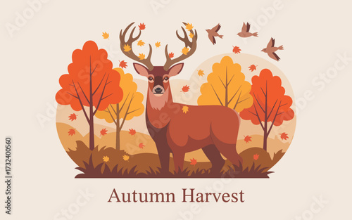 Deer with autumn trees and flying birds stag fall