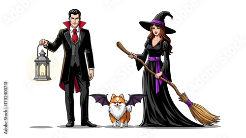 A Spooktacular Halloween Gathering: A charismatic vampire and enchanting witch stand side-by-side, accompanied by a charming corgi, all dressed in spooky Halloween attire.