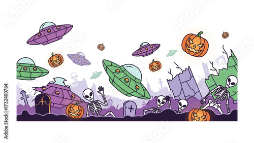 Alien Halloween Illustration: A vibrant illustration of Halloween, featuring a dynamic interplay between whimsical aliens, glowing jack-o'-lanterns, and mysterious UFOs.