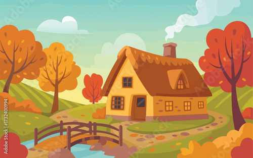Autumn cottage with thatched roof and smoking chimney