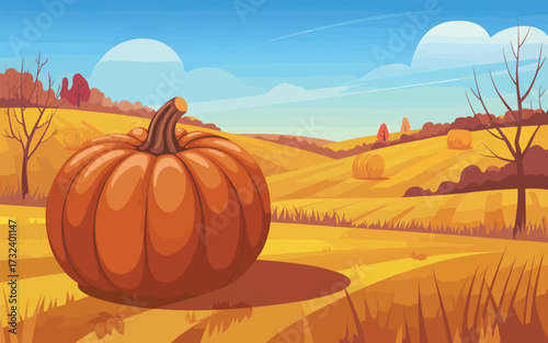 Large orange pumpkin in a golden autumn field with hay bales