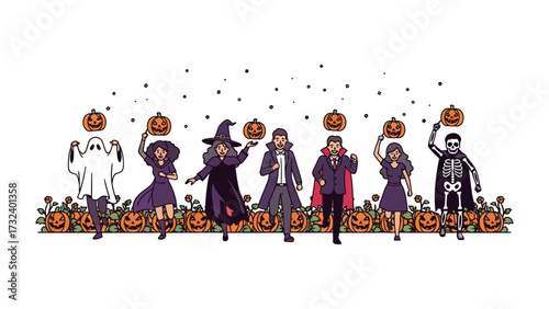 Spooky Halloween Celebration: A spirited ensemble of costumed characters joyfully celebrates Halloween, surrounded by pumpkins, creating a whimsical and festive atmosphere.