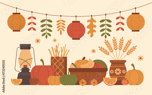 Autumn harvest still life with hanging lanterns and pumpkins