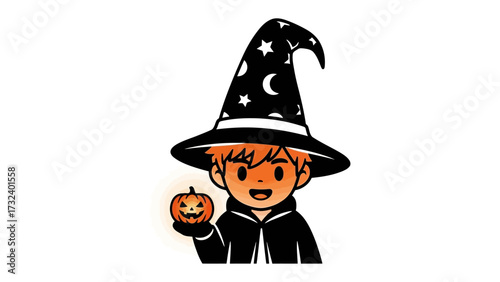 Spooky Halloween: A festive young character embodies Halloween spirit, donning a wizard's hat and holding a carved pumpkin. The artwork embodies the fun and thrill of Halloween.
