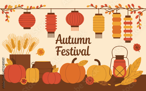 Autumn festival with pumpkins lanterns and wheat gourds