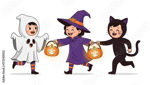 Spirited Halloween Procession: Three costumed children, a playful ghost, a spirited witch, and a cunning black cat, joyfully traverse the street with glowing jack-o'-lanterns.