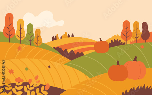 Autumn harvest landscape with pumpkins and colorful trees 