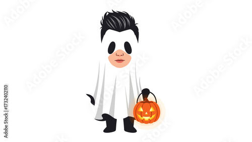 Halloween Ghost: A youthful character in a white ghost costume, complete with a friendly, glowing pumpkin lantern, embodies the spirit of spooky festivities.