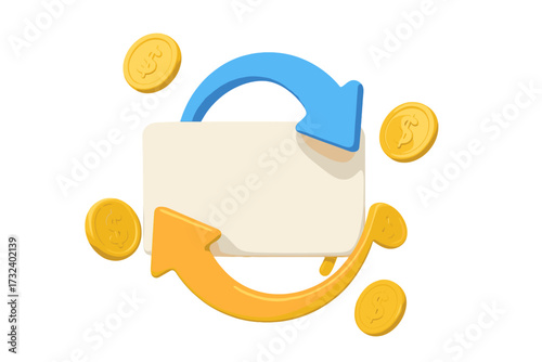 3D cashback money refund icon. Credit card with falling dollar coins and transfer arrows. Financial bonus, online payment reward, loyalty program promotion concept vector.