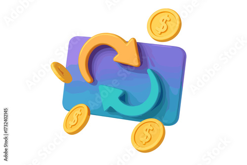 3D cashback and money refund concept. Online payment service. Loyalty program reward and financial transaction. Cash back icon with coins and arrows for web promotion. Return.