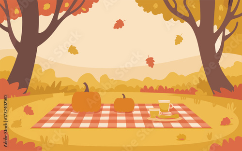 Autumn picnic with pumpkins and drinks on checkered blanket