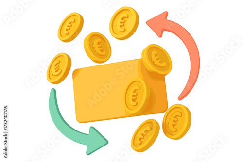 Cashback and money refund concept. Euro coins return to bank card. Financial loyalty program for online payment. Bonus money reward and currency exchange transaction vector.